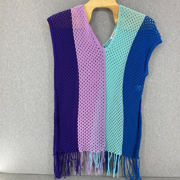 Davi & Dani Oversized Colorblock Crocheted Sweater XL Cover Up Beachy Fringe - Picture 1 of 9